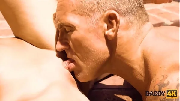 DADDY4K. Cutie and boyfriends well-built stepdaddy make love by the pool