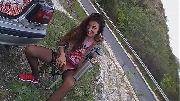 Twice pissing Retro Car TOW BAR before ORGASMIC FUCK it