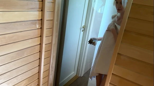 Hot Blonde Fucked and Creampied in Public Sauna