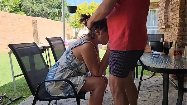 Hot brunette sucking neighbors massive cock outdoor