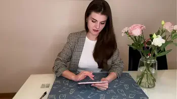 Stepmother cums hard over her pants when she was caught by stepson in the office