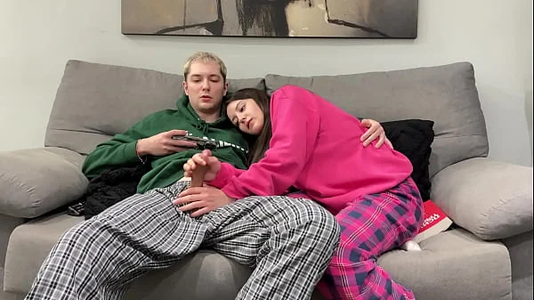 Step Brother Watch Porn and Jerk Off Next To Step Sister! But She Decide Handjob Him Instead Reading Boring Book