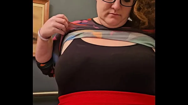 Horny bbw secretary flashes tits and panties