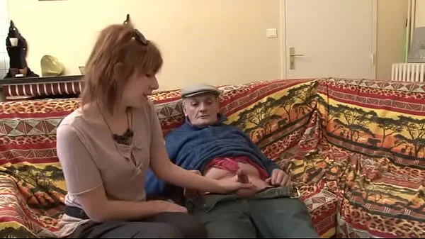 Trashy redhead has threesome with young and old man