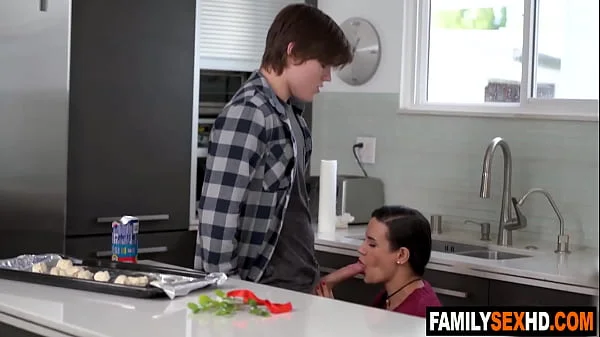 Stepbrother and stepsister threesome sex with stepmother