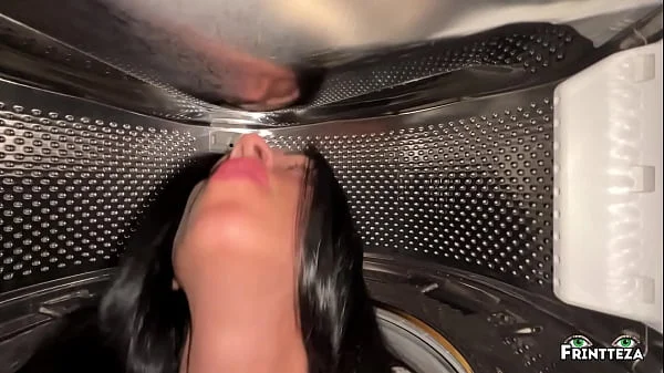 Stepson fucked Stepmom while she in inside of washing machine. Anal Creampie