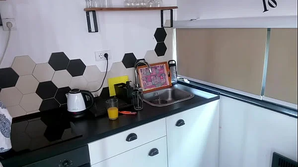 Milky Stepmother's Boner was Licked by Her Stepson on the Kitchen