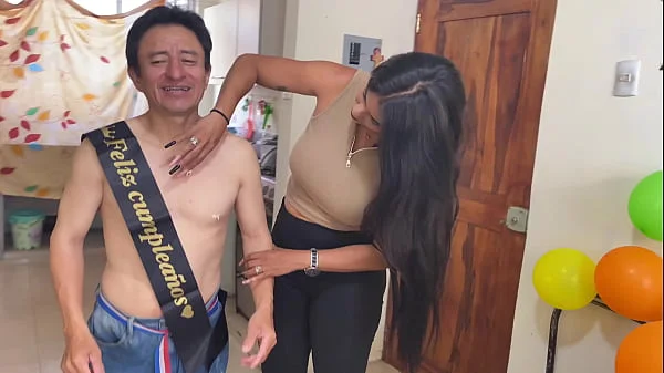 FFM THREESOME - Two busty and big-assed stepdaughters celebrate their stepdad's birthday with delicious sex