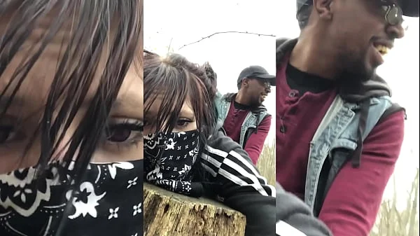 Emo slut gets fucked on tree stump in public