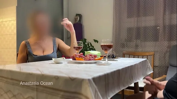 My husband jerking hidden front of my step mom under a table during their talk.