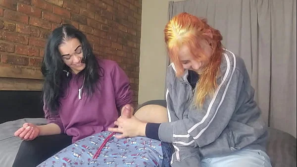 Two shy girls playing with my massive cock