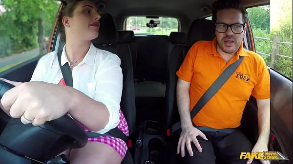 Fake Driving School Curvy STUDENT with BIG BOOBS Swallows instructors man juice