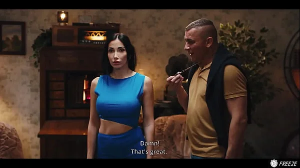 French Brunette with Fake Enhanced Huge Boobs Gets Her Nipples Sucked while Frozen in Time