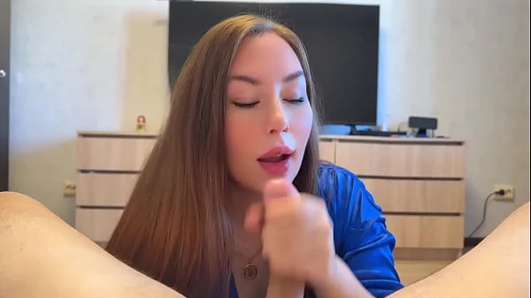 Hot brunette sucks big cock perfectly and gets cum in her mouth!