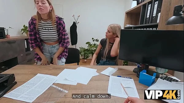 VIP4K. Gorgeous blonde with natural tits came to get a job and to fuck on a tabletop