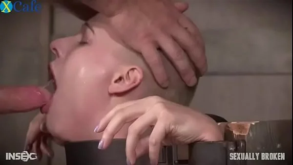 Restrained whore throatfucked and fucked hard by 2 men