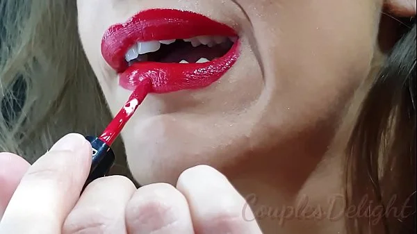 100% Natural Big Lipped skinny wife applying long lasting red lipstick, sucking and deepthroating my cock untill she receives a creamy reward - couplesdelight