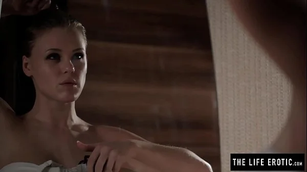 Girl with huge tits covered in oil masturbating hard