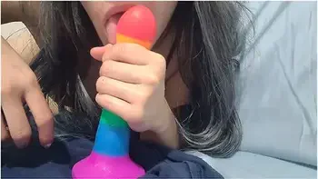 Cute Asian Babe Sucks Her Dildo Wishing It Was You - Korean Bj