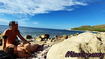 French Amateur Wife Miss Creamy Fucks Big Cock on Nude Beach - Public Sex & Cum in Mouth