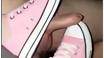 Slave Cums A Huge Load After Shoejob With Sneakers Converse All Star