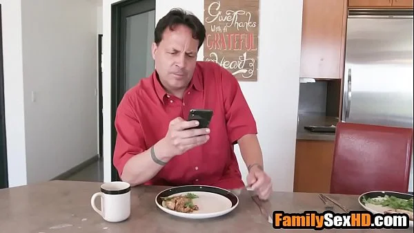 Step mom and stepson fuck next to busy stepdad
