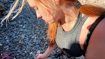 Amateur Beach Blowjob: Redhead Anja Amelia Brutal Deepthroat & Cum in Mouth