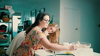 Blonde Charlie Forde and Brunette Chasey Devil Lesbian Cake Baking Sex with Big Natural Tits and Glasses