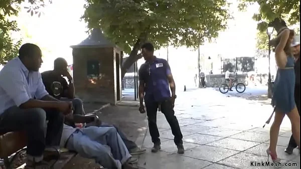 Brunette in blue dress rough fucked in public