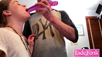 Deepthroat training innocent girlfriend with huge dildo