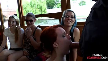 Redhead cougar cockriding on public boat