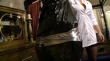 Slave cock hanging out wrapped in foil