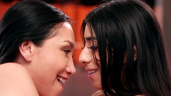 Two pornstars have a hot lesbian sex in sexy lingerie, showcasing their curvy figures.