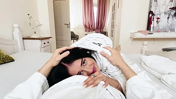 Hot brunette Ara Mix enjoys sex in all poses on the bed