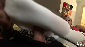 He sprays on her pantyhose