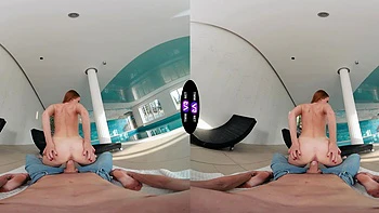 Redhead teen Holly Molly enjoys riding cock in vr, showcasing her slim figure and fiery charm.