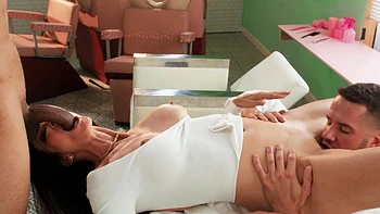 Brunette milf Shay Sights gets her pussy railed hard by three studs