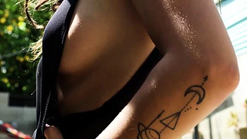 Curvy petite MILF strip nude in backyard