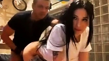 Small tit brunette amateur tugs on a big willie