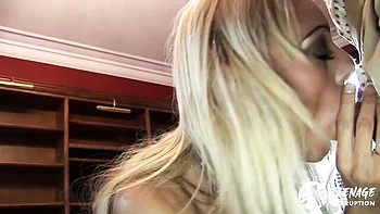 Fake-boobed blonde Stacey Saran rammed in the sideways pose