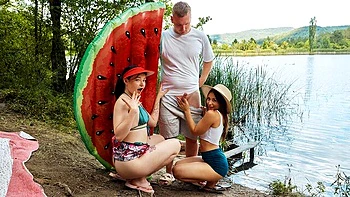 Sweet outdoor FFM fuck with teens Sumiko and Virgin Butterfly