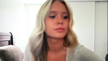 Non stop blonde with big boobs cock jerks off on the bed