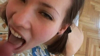 An awesome brown-haired hottie Tanya Pearl swallows with love