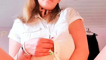 Busty curly brunette with big boobs fucks on couch