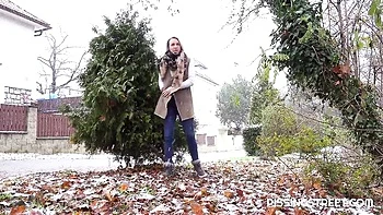 Cutie blonde Bianca Ferrera is pissing while standing like a man