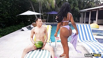 Gorgeous poolside fuck in the cowgirl pose with a hot BBW TiaMaria