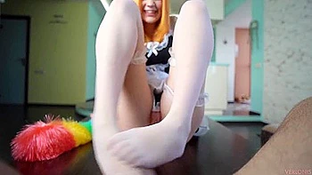 Maid Satisfies Her Mister With Her Legs, Mouth, Tight Pussy