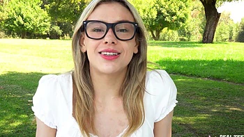 A couple has a passionate missionary sex with a blonde in pov style