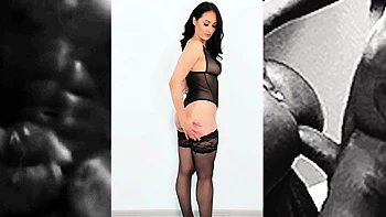 Sexy brunette babe in lingerie and stockings toys pussy