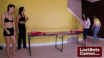 Amateur Lesbian Game Bet: Wild Strip Pong Showdown with Big Natural Tits